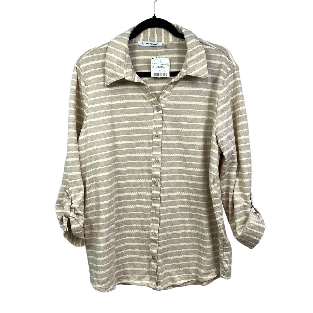 Lynn Ryan Top Blouse Striped Button Up 3/4 Roll Tab Sleeves Tan Women Size 1X*